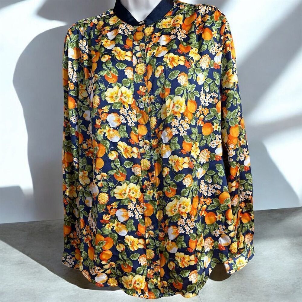 C Wonder Women's Floral Orange Blossom Gold Button Down Long Sleeve Blouse